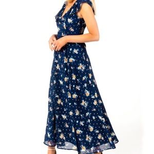Navy dress with floral and gold pattern